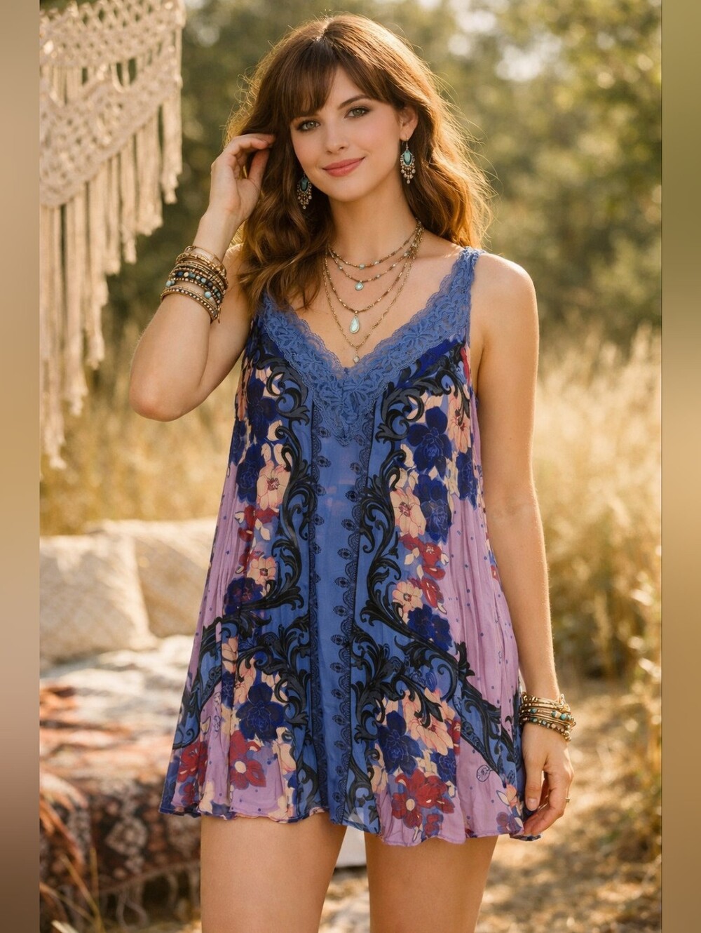 Intimately Free People Boho Floral Lace-Trim V-Neck Tunic